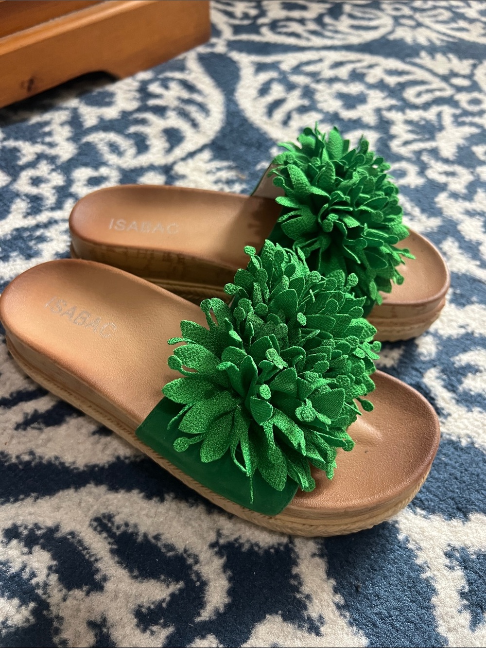 Isabac Bright Green Floral Pom Slide Sandals for Women